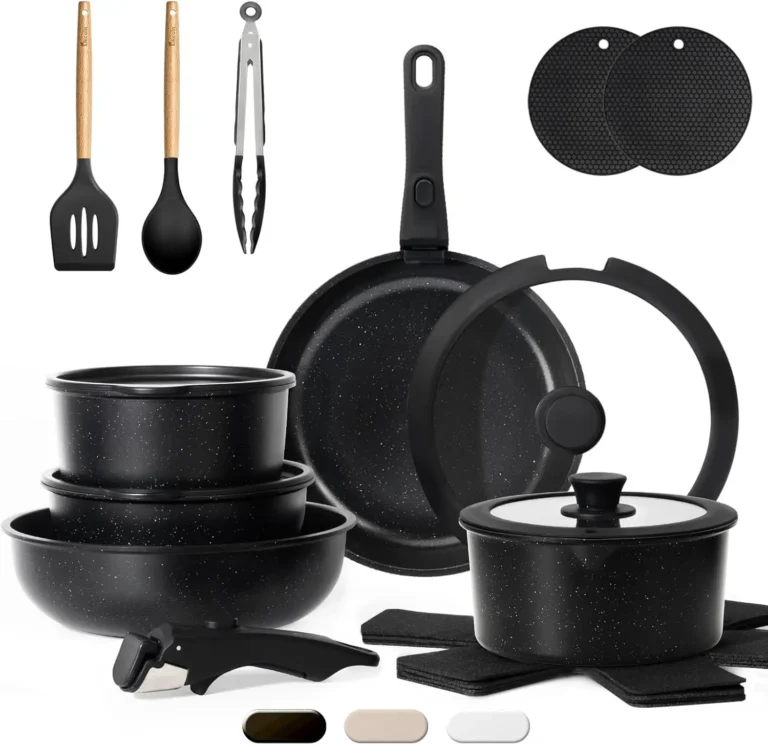 【𝙉𝙊𝙉 𝙏𝙊𝙓𝙄𝘾】Featuring a coating free from PTFE, PFAS, PFOA, and other harmful chemicals, our non-toxic cookware set would be one of your favorite kitchen essentials. It ensures no peeling even when scratched during prolonged use. Ideal for preparing meals for your family, especially those with babies. 【𝗦𝗟𝗜𝗣𝗣𝗘𝗥𝗬-𝗦𝗠𝗢𝗢𝗧𝗛 𝗡𝗢𝗡𝗦𝗧𝗜𝗖𝗞】Crafted with a premium coating, our non stick pots and pans set ensures your food releases effortlessly and protects food from burning, requiring less oil for cooking and less water for cleanup. If you love fitness, you'll love this cookware for helping you reduce fat intake from oils. 【𝘾𝙊𝙈𝙋𝘼𝙏𝙄𝘽𝙇𝙀 𝙒𝙄𝙏𝙃 𝘼𝙇𝙇 𝙎𝙏𝙊𝙑𝙀𝙏𝙊𝙋𝙎】Enlarge and upgraded base ensures all stovetops compatible, including induction cooktop, gas, electric or more. It's also oven safe for more cooking or baking needs. This kitchen pots and pans set heats up quickly and distributes heat evenly, ensuring no hot spots or sticking during cook. 【𝘿𝙀𝙏𝘼𝘾𝙃𝘼𝘽𝙇𝙀 𝙃𝘼𝙉𝘿𝙇𝙀 𝙁𝙊𝙍 𝙀𝘼𝙎𝙔 𝙎𝙏𝙊𝙍𝘼𝙂𝙀】These pots and pans set with detachable handles allow for compact storage, sapce saving 70% for kitchen cabinet or organized in drawer, especially great for RV or small apartment. the reinforced removable handles can support up to 24 pounds, ensuring a secure grip and enhancing your cooking experience without the worry of breaking. 【𝙁𝙐𝙇𝙇 𝙋𝘼𝘾𝙆 𝙁𝙊𝙍 𝘾𝙊𝙊𝙆𝙄𝙉𝙂】KIKCOIN cookware set includes 7" (2 quart) saucepan, 8" (3 quart) saucepan, 8" frying pan, 10" large frying pan, 10" (4 quart) Saute pan, 8" &10" silicone rimmed glass lid, 7"/8" Fridge Lid, 3x silicone Utensils (Slotted Turner&Soup Ladle&Tongs), 4x pot protectors and 𝙪𝙣𝙞𝙦𝙪𝙚 𝙬𝙞𝙩𝙝 2 silicone trivet mat for hot pots and pans. 【𝗘𝗔𝗦𝗬 𝗠𝗔𝗜𝗡𝗧𝗔𝗜𝗡】Easy Maintenance: Clean the pans set nonstick cookware set with mild dish soap, warm water, and a soft sponge or cloth. Use silicone, plastic, or wooden utensils to protect the nonstick coating. For optimal lifespan, please hand wash. If using a dishwasher, remove and dry promptly. 【𝗣𝗥𝗔𝗧𝗜𝗖𝗔𝗟 𝗚𝗜𝗙𝗧】If you're seeking for a gift for your family or friends, our cooking set juego de ollas para cocina would be perfect for Mother's Day, Father's Day, Valentine's Day, Christmas, New Year, and house warming gifts new home, wedding gifts.