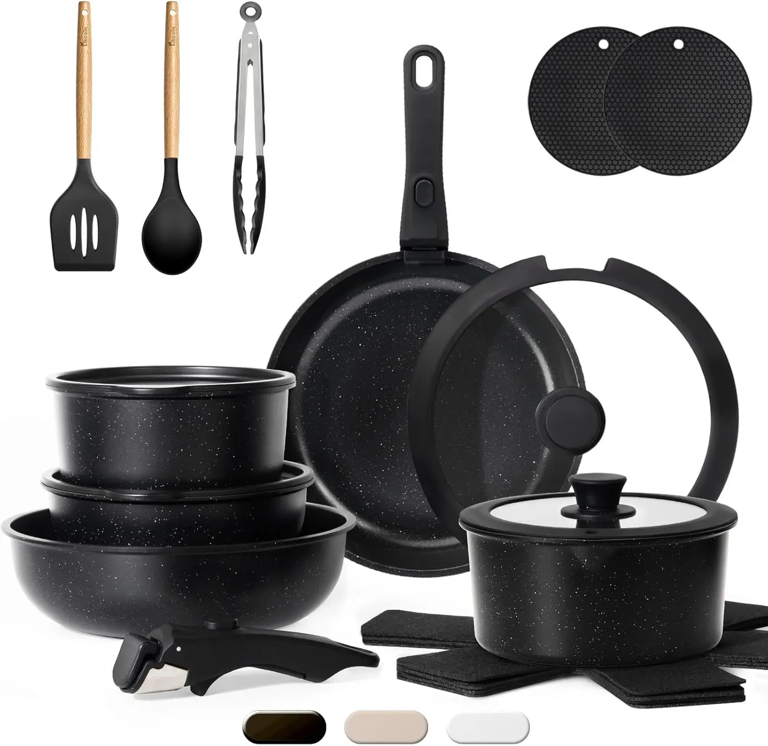 【𝙉𝙊𝙉 𝙏𝙊𝙓𝙄𝘾】Featuring a coating free from PTFE, PFAS, PFOA, and other harmful chemicals, our non-toxic cookware set would be one of your favorite kitchen essentials. It ensures no peeling even when scratched during prolonged use. Ideal for preparing meals for your family, especially those with babies. 【𝗦𝗟𝗜𝗣𝗣𝗘𝗥𝗬-𝗦𝗠𝗢𝗢𝗧𝗛 𝗡𝗢𝗡𝗦𝗧𝗜𝗖𝗞】Crafted with a premium coating, our non stick pots and pans set ensures your food releases effortlessly and protects food from burning, requiring less oil for cooking and less water for cleanup. If you love fitness, you'll love this cookware for helping you reduce fat intake from oils. 【𝘾𝙊𝙈𝙋𝘼𝙏𝙄𝘽𝙇𝙀 𝙒𝙄𝙏𝙃 𝘼𝙇𝙇 𝙎𝙏𝙊𝙑𝙀𝙏𝙊𝙋𝙎】Enlarge and upgraded base ensures all stovetops compatible, including induction cooktop, gas, electric or more. It's also oven safe for more cooking or baking needs. This kitchen pots and pans set heats up quickly and distributes heat evenly, ensuring no hot spots or sticking during cook. 【𝘿𝙀𝙏𝘼𝘾𝙃𝘼𝘽𝙇𝙀 𝙃𝘼𝙉𝘿𝙇𝙀 𝙁𝙊𝙍 𝙀𝘼𝙎𝙔 𝙎𝙏𝙊𝙍𝘼𝙂𝙀】These pots and pans set with detachable handles allow for compact storage, sapce saving 70% for kitchen cabinet or organized in drawer, especially great for RV or small apartment. the reinforced removable handles can support up to 24 pounds, ensuring a secure grip and enhancing your cooking experience without the worry of breaking. 【𝙁𝙐𝙇𝙇 𝙋𝘼𝘾𝙆 𝙁𝙊𝙍 𝘾𝙊𝙊𝙆𝙄𝙉𝙂】KIKCOIN cookware set includes 7" (2 quart) saucepan, 8" (3 quart) saucepan, 8" frying pan, 10" large frying pan, 10" (4 quart) Saute pan, 8" &10" silicone rimmed glass lid, 7"/8" Fridge Lid, 3x silicone Utensils (Slotted Turner&Soup Ladle&Tongs), 4x pot protectors and 𝙪𝙣𝙞𝙦𝙪𝙚 𝙬𝙞𝙩𝙝 2 silicone trivet mat for hot pots and pans. 【𝗘𝗔𝗦𝗬 𝗠𝗔𝗜𝗡𝗧𝗔𝗜𝗡】Easy Maintenance: Clean the pans set nonstick cookware set with mild dish soap, warm water, and a soft sponge or cloth. Use silicone, plastic, or wooden utensils to protect the nonstick coating. For optimal lifespan, please hand wash. If using a dishwasher, remove and dry promptly. 【𝗣𝗥𝗔𝗧𝗜𝗖𝗔𝗟 𝗚𝗜𝗙𝗧】If you're seeking for a gift for your family or friends, our cooking set juego de ollas para cocina would be perfect for Mother's Day, Father's Day, Valentine's Day, Christmas, New Year, and house warming gifts new home, wedding gifts.