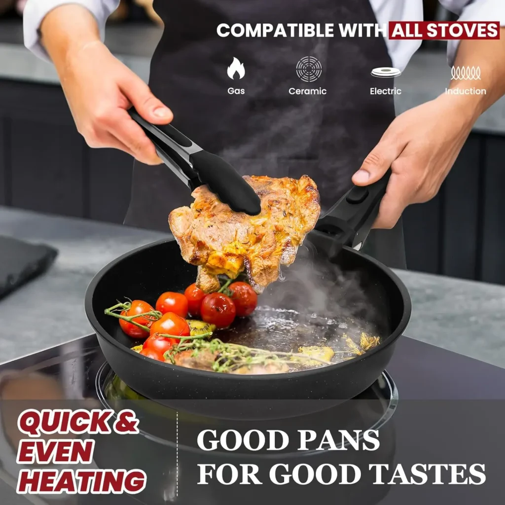 【𝙉𝙊𝙉 𝙏𝙊𝙓𝙄𝘾】Featuring a coating free from PTFE, PFAS, PFOA, and other harmful chemicals, our non-toxic cookware set would be one of your favorite kitchen essentials. It ensures no peeling even when scratched during prolonged use. Ideal for preparing meals for your family, especially those with babies. 【𝗦𝗟𝗜𝗣𝗣𝗘𝗥𝗬-𝗦𝗠𝗢𝗢𝗧𝗛 𝗡𝗢𝗡𝗦𝗧𝗜𝗖𝗞】Crafted with a premium coating, our non stick pots and pans set ensures your food releases effortlessly and protects food from burning, requiring less oil for cooking and less water for cleanup. If you love fitness, you'll love this cookware for helping you reduce fat intake from oils. 【𝘾𝙊𝙈𝙋𝘼𝙏𝙄𝘽𝙇𝙀 𝙒𝙄𝙏𝙃 𝘼𝙇𝙇 𝙎𝙏𝙊𝙑𝙀𝙏𝙊𝙋𝙎】Enlarge and upgraded base ensures all stovetops compatible, including induction cooktop, gas, electric or more. It's also oven safe for more cooking or baking needs. This kitchen pots and pans set heats up quickly and distributes heat evenly, ensuring no hot spots or sticking during cook. 【𝘿𝙀𝙏𝘼𝘾𝙃𝘼𝘽𝙇𝙀 𝙃𝘼𝙉𝘿𝙇𝙀 𝙁𝙊𝙍 𝙀𝘼𝙎𝙔 𝙎𝙏𝙊𝙍𝘼𝙂𝙀】These pots and pans set with detachable handles allow for compact storage, sapce saving 70% for kitchen cabinet or organized in drawer, especially great for RV or small apartment. the reinforced removable handles can support up to 24 pounds, ensuring a secure grip and enhancing your cooking experience without the worry of breaking. 【𝙁𝙐𝙇𝙇 𝙋𝘼𝘾𝙆 𝙁𝙊𝙍 𝘾𝙊𝙊𝙆𝙄𝙉𝙂】KIKCOIN cookware set includes 7" (2 quart) saucepan, 8" (3 quart) saucepan, 8" frying pan, 10" large frying pan, 10" (4 quart) Saute pan, 8" &10" silicone rimmed glass lid, 7"/8" Fridge Lid, 3x silicone Utensils (Slotted Turner&Soup Ladle&Tongs), 4x pot protectors and 𝙪𝙣𝙞𝙦𝙪𝙚 𝙬𝙞𝙩𝙝 2 silicone trivet mat for hot pots and pans. 【𝗘𝗔𝗦𝗬 𝗠𝗔𝗜𝗡𝗧𝗔𝗜𝗡】Easy Maintenance: Clean the pans set nonstick cookware set with mild dish soap, warm water, and a soft sponge or cloth. Use silicone, plastic, or wooden utensils to protect the nonstick coating. For optimal lifespan, please hand wash. If using a dishwasher, remove and dry promptly. 【𝗣𝗥𝗔𝗧𝗜𝗖𝗔𝗟 𝗚𝗜𝗙𝗧】If you're seeking for a gift for your family or friends, our cooking set juego de ollas para cocina would be perfect for Mother's Day, Father's Day, Valentine's Day, Christmas, New Year, and house warming gifts new home, wedding gifts.