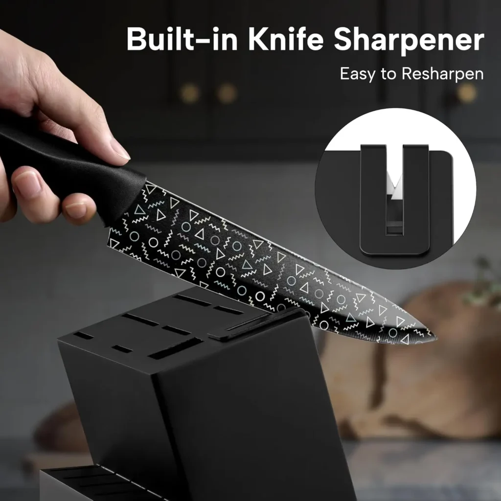 Unmatched Quality and Performance: Crafted from high-grade stainless steel, this kitchen knife set offers exceptional sharpness, durability, and corrosion resistance. Perfect for slicing, dicing, chopping, and mincing with ease and precision. Sharp & Rust-Resistant: Designed for lasting sharpness, these knives are easy to re-sharpen with the built-in sharpener. The ergonomic handle ensures smooth, comfortable use, while upgraded stainless steel enhances rust resistance. Dishwasher Safe: This knife block set is easy to clean and store, saving you time in the kitchen. Cook with ease and enjoy effortless cleanup. Complete 15-Piece Knife Set: Includes 8" Chef Knife, 8" Slicing Knife, 7" Santoku Knife, 8" Bread Knife, 5" Utility Knife, 3.5" Paring Knife, six 4.5" Steak Knives, Kitchen Shears, and a Black Hardwood Knife Block with a built-in Sharpener. Lifetime Warranty - Each knife set are backed by excellent quality and undergo strict quality inspection, we provide a lifetime warranty for every customer, please feel free to purchase.