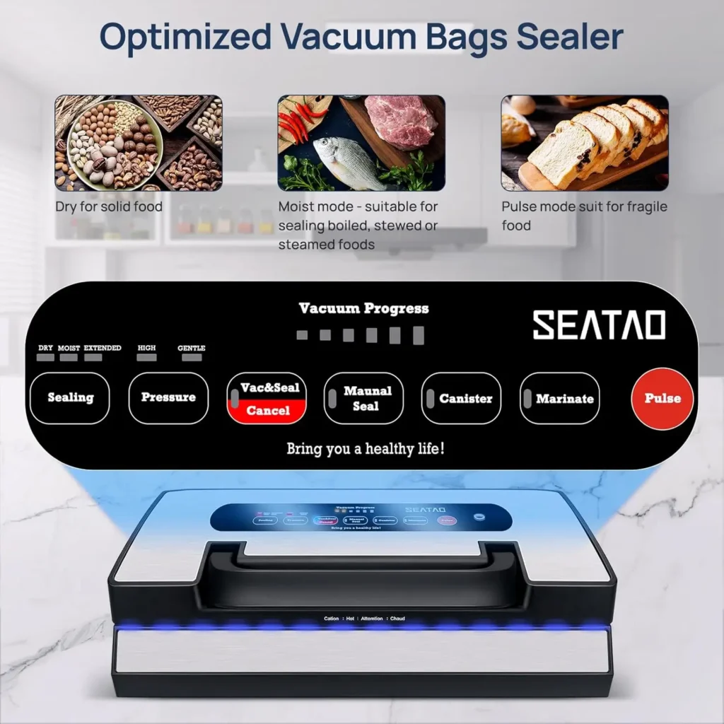 DOUBLE PUMP & DOUBLE HEATING WIRE：SEATAO 5188 Built-in very high quality double vacuum pump support 90Kpa suction to ensure maximum air extraction when sealing larger food items,doubleheat seal provides added strength for liquid-based or moist foods.It provides high-efficiency vacuum and reliable consistent sealing.Keep your food stays fresh and flavorful. BUILT-IN BAG STORAGE & CUTTER:This machine built-in bag storage,which can store rolls and bags easy.and the bag cutter can create custom-sized bags without using scissors.Includes 2pcs rolls and 1 extra form gasket. ONE-HAND OPERATION & LOCKED HANDLE DESIGN:: One-handed operation lets you easily lock the lid with a simple turn compared to other competitive units that require considerable force with one hand to close and lock the lid. ONE-PRESS VACUUM SEALING:Vac&Seal button allow you to complete the vacuum requirements of all kinds of foods just by pressing a button.also the special pulse button can manually control the vacuum pressure.Meet your needs for sealing different foods. PRESERVES TASTE & NUTRIENTS: Confidently store fresh fruits, vegetables, cuts of meat, fish, and more! When air is removed from the bag and finished with an airtight vacuum seal, food is protected from the deteriorating effects of air, which causes freezer burn and spoilage.