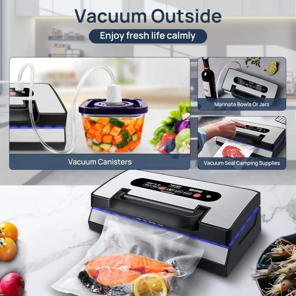 DOUBLE PUMP & DOUBLE HEATING WIRE：SEATAO 5188 Built-in very high quality double vacuum pump support 90Kpa suction to ensure maximum air extraction when sealing larger food items,doubleheat seal provides added strength for liquid-based or moist foods.It provides high-efficiency vacuum and reliable consistent sealing.Keep your food stays fresh and flavorful. BUILT-IN BAG STORAGE & CUTTER:This machine built-in bag storage,which can store rolls and bags easy.and the bag cutter can create custom-sized bags without using scissors.Includes 2pcs rolls and 1 extra form gasket. ONE-HAND OPERATION & LOCKED HANDLE DESIGN:: One-handed operation lets you easily lock the lid with a simple turn compared to other competitive units that require considerable force with one hand to close and lock the lid. ONE-PRESS VACUUM SEALING:Vac&Seal button allow you to complete the vacuum requirements of all kinds of foods just by pressing a button.also the special pulse button can manually control the vacuum pressure.Meet your needs for sealing different foods. PRESERVES TASTE & NUTRIENTS: Confidently store fresh fruits, vegetables, cuts of meat, fish, and more! When air is removed from the bag and finished with an airtight vacuum seal, food is protected from the deteriorating effects of air, which causes freezer burn and spoilage.