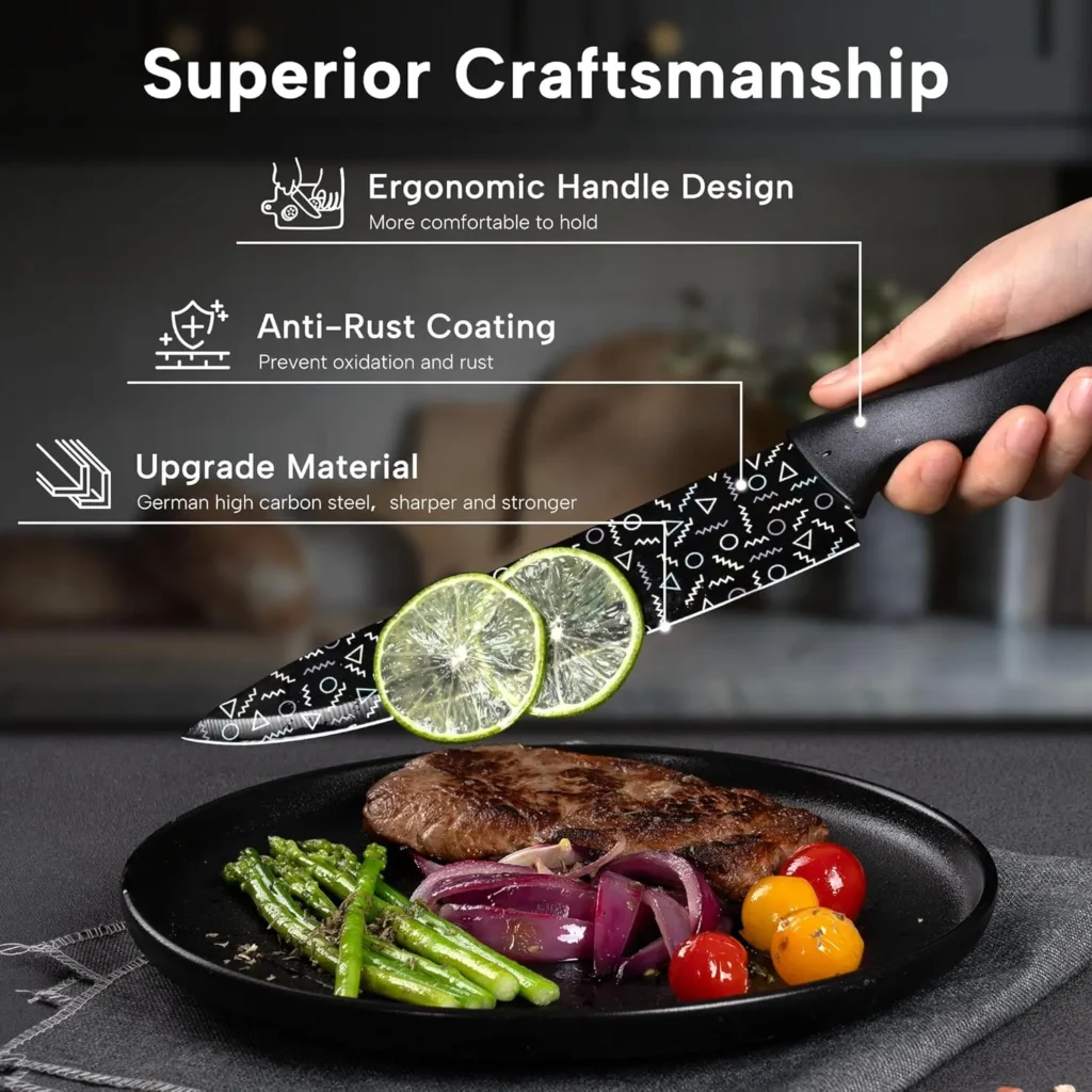 Unmatched Quality and Performance: Crafted from high-grade stainless steel, this kitchen knife set offers exceptional sharpness, durability, and corrosion resistance. Perfect for slicing, dicing, chopping, and mincing with ease and precision. Sharp & Rust-Resistant: Designed for lasting sharpness, these knives are easy to re-sharpen with the built-in sharpener. The ergonomic handle ensures smooth, comfortable use, while upgraded stainless steel enhances rust resistance. Dishwasher Safe: This knife block set is easy to clean and store, saving you time in the kitchen. Cook with ease and enjoy effortless cleanup. Complete 15-Piece Knife Set: Includes 8" Chef Knife, 8" Slicing Knife, 7" Santoku Knife, 8" Bread Knife, 5" Utility Knife, 3.5" Paring Knife, six 4.5" Steak Knives, Kitchen Shears, and a Black Hardwood Knife Block with a built-in Sharpener. Lifetime Warranty - Each knife set are backed by excellent quality and undergo strict quality inspection, we provide a lifetime warranty for every customer, please feel free to purchase.