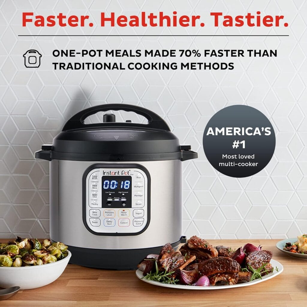 7-IN-1 FUNCTIONALITY: Pressure cook, slow cook, rice cooker, yogurt maker, steamer, sauté pan and food warmer. QUICK ONE-TOUCH COOKING: 13 customizable Smart Programs for pressure cooking ribs, soups, beans, rice, poultry, yogurt, desserts and more. COOK FAST OR SLOW: Pressure cook delicious one-pot meals up to 70% faster than traditional cooking methods or slow cook your favorite traditional recipes – just like grandma used to make. QUICK AND EASY CLEAN UP: Finger-print resistant, stainless-steel sides and dishwasher-safe lid, inner pot, and accessories. SAFETY FEATURES: Includes over 10 safety features, plus overheat protection and safe-locking lid GREAT FOR GROWING FAMILIES: Cook for up to 6 people – perfect for growing families, or meal prepping and batch cooking for singles. VERSATILE INNER COOKING POT: We use food-grade stainless-steel, a tri-ply bottom for more even cooking and perfect for sautéing DISCOVER AMAZING RECIPES: Includes the free Instant Brands Connect App, where you can find new recipes to create quick favorites and prepare delicious meals, available for iOS and Android.