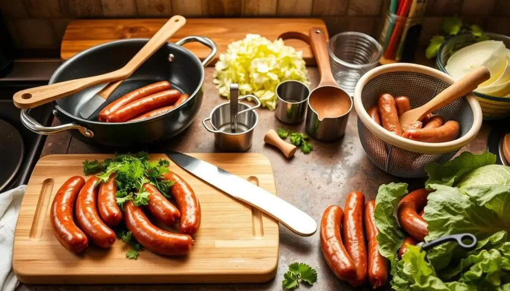 Kitchen tools for sausage and cabbage recipe